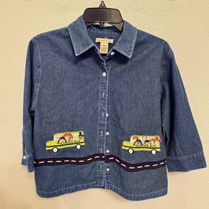Denim Shirt w/ School Bus Embroidery (Petite Medium, 3/4 Sleeves)